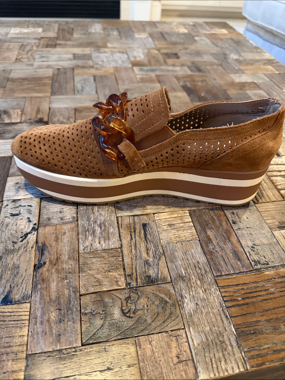 Women's Tan Suede Platform Loafer with Tortoiseshell Chain